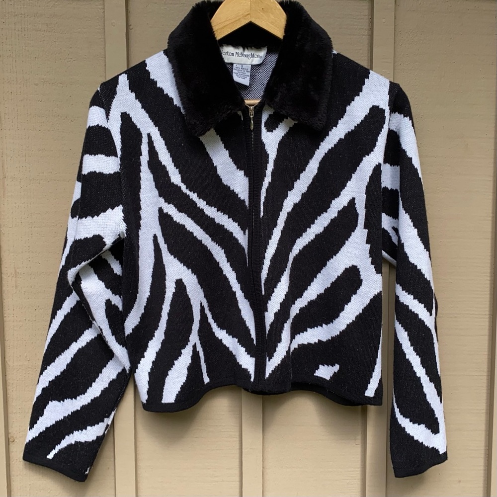Zebra Print Zip Sweater with Faux Fur Collar